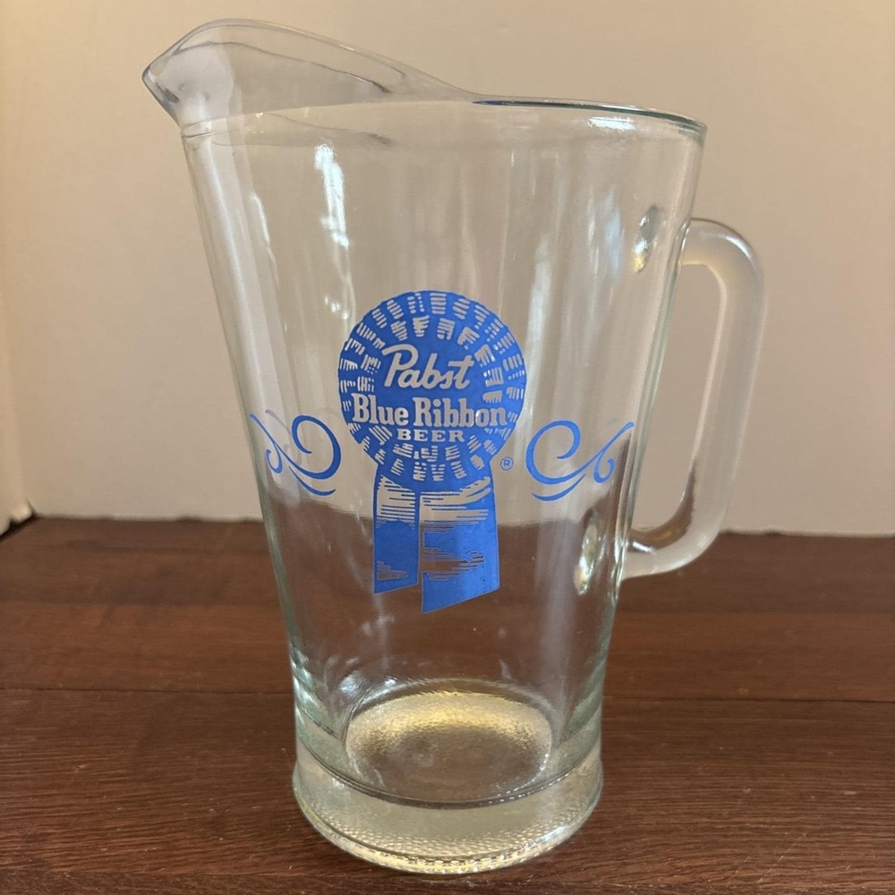 Vintage Pabst Blue Ribbon Beer Glass Pitcher Clear Blue Logo Barware 9 Inch